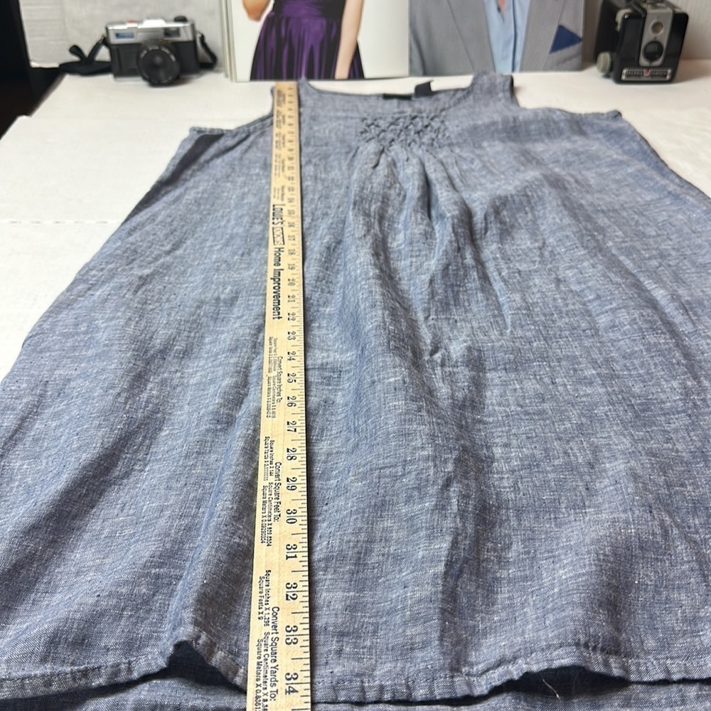 Kenar 100% Linen Shift Dress | Petite Blue Chambray Pockets Coastal Minimalist - Picture 9 of 12